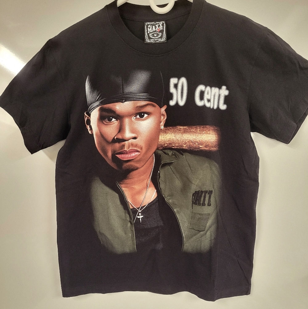50 Cent Black Graphic Tee Y2K Rap Maxx Rock with Iconic Design. Medium